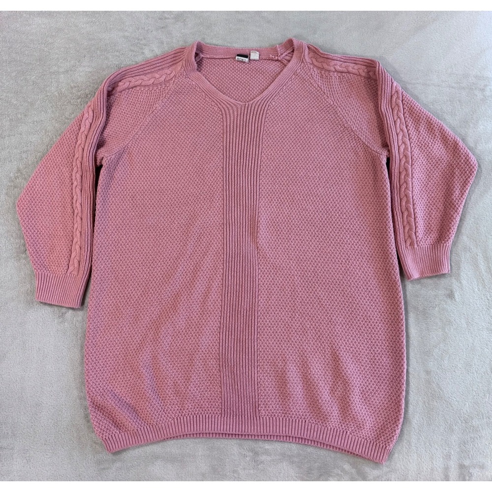 Roxy Womens V-Neck Cable Knit Popcorn Sweater Pink XL Oversized Coquette Boo